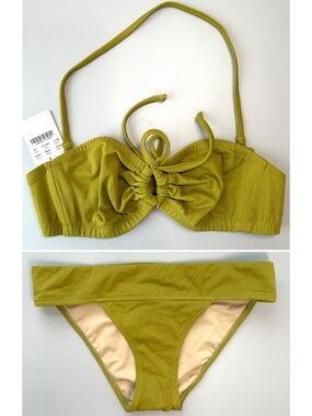 J.Crew NWT Bikini Set Solid Keyhole Bandeau Top_Wide-Band Hipster XS Cypress